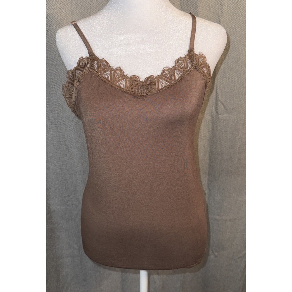 Easel Camisole Tank Women Size Small Brown eyelash lace trim adjustable strap